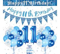 Décoration 11e Anniversaire Garçons - Ballon Bleu Blanc, Grand Ballon Numéro 11 Bleu, Joyeux Anniversaire Bannière pour Garçon