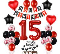 Décoration 15 ans anniversaire Rouge Noir,Décoration gâteau 15 ans anniversaire Fille,Ballon 15 ans anniversaire Rouge Noir Garçon,Décoration anniversaire 15 ans Fille,Ballon anniversaire 15 ans