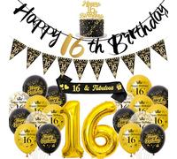 Décoration 16ème anniversaire garçon fille ballons - Noir doré Happy Birthday Guirlande de gâteau et écharpe, ballon chiffre XXL et fanion pour décoration de fête d'anniversaire de 16 ans