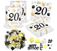 Décoration 20e Anniversaire - 20 Serviettes, 12 Lanternes de Table, 500 Confettis Or Noir - Happy Birthday 20 Ans