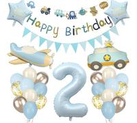 Décoration 2ème Anniversaire Garçon, 2 Ans Bleu Pastel Anniversaire Enfant Ballon Voiture Avion, Ballons Numéro 2 Avec Guirlande Happy Birthday Fille Enfant