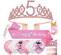 Décoration 5 Ans Fille, Écharpe et Couronne, Ballons, Bougie, Happy 5th Birthday Cake Toppers, Épingle à Perles pour Anniversaire Princesse