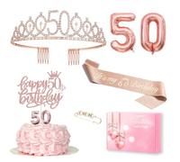 Décoration 50e anniversaire femme, 50e anniversaire couronne et écharpe, décoration de gâteau d'anniversaire et bougies, ballon en aluminium or rose 50, 50e cadeau pour femme