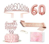 Décoration 60e anniversaire femme, couronne et écharpe de 60e anniversaire, décoration de gâteau Happy Birthday et bougies, ballon en feuille d'aluminium or rose 60, cadeau d'anniversaire pour femme