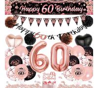 Décoration 60e anniversaire femme noir or rose - 60 ans décoration d'anniversaire ballons Happy Birthday guirlande décoration de gâteau, longue bannière et pompon en papier pour 60e anniversaire