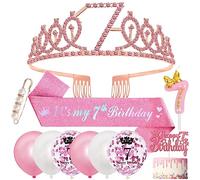 Décoration 7 Ans Fille, Écharpe et Couronne, Ballon, Bougie, Happy 7th Birthday Cake Toppers, Épingle à Perles pour Anniversaire Princesse