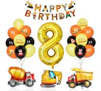 Décoration 8 Ans Pelle Garçon, Ballons Tracteur Avec Numéro 8, Enfant Chantier Construction Travailleur, Joyeux Anniversaire Bannière