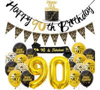 Décoration 90e anniversaire Femme Homme Ballons - Noir Or Happy Birthday Guirlande Décoration de gâteau et écharpe, ballon chiffre XXL et fanion pour décoration de fête d'anniversaire 90 ans