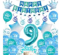 Décoration 9e anniversaire garçon bleu - 9 ballons de décoration d'anniversaire Happy Birthday Guirlande de gâteau Ballon géant chiffre et confettis pour 9 ans Décoration de fête garçon