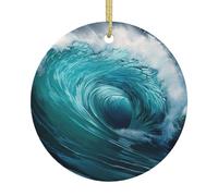 Décoration à suspendre en céramique pour sapin de Noël - Belles vagues de l'océan imprimées complètes, décoration festive ronde pour la maison, le bureau et la fête