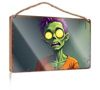 Décoration à suspendre pour porche extérieur - Zombie vert effrayant avec cheveux violets dans une chemise orange - Panneau en bois à suspendre - Décoration de porche (23 x 35 cm)
