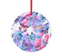 Décoration à suspendre pour sapin de Noël avec imprimé papillon coloré, pendentif rond en aluminium double face pour sapin de Noël et vacances
