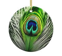 Décoration à suspendre pour sapin de Noël avec plumes de paon vertes - Décoration en céramique - Pendentif rond en porcelaine