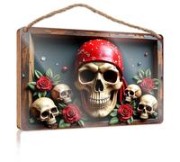 Décoration amusante en bois crânes, roses et bandana rouge : une composition d'art gothique, panneau en bois Home Sweet Home, décoration de chambre vintage (23 x 35 cm)