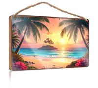 Décoration amusante en bois Sunset Paradise : plage tropicale avec palmiers et fleurs Panneau en bois Home Sweet Home Vintage Décoration de chambre (15 x 28 cm)