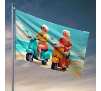 Décoration amusante pour bar deux femmes profitant d'une journée ensoleillée sur les trottinettes au bord de la plage, accessoires de bar en plein air, drapeaux amusants pour chambre (30 x 45 cm)