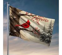 Décoration amusante pour bar, un cardinal rouge perches sur une branche enneigée ornée de baies. Drapeaux pour dortoir universitaire (60 x 90 cm)
