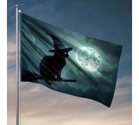 Décoration amusante pour bar, un chat noir avec des yeux brillants assis sur un balai sur une toile de fond de pleine lune et de nuages sombres, accessoire de bar extérieur, drapeaux amusants pour