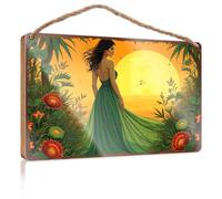 Décoration amusante pour chambre à coucher - Journey Through The Enchanted Garden : A Woman In A Green Dress - Panneau en bois pour salle de jeux - Décoration de maison de ferme (15 x 28 cm)