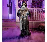 Décoration animée de la Faucheuse d'halloween, 175 cm, avec chaîne, Squelette Grandeur Nature avec Yeux Lumineux, Son Effrayant (activé par Le Son).