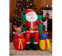 Widmann - Père Noël gonflable assis, 122 cm, lumineux avec soufflerie, tête animée avec musique, Déco de Noël
