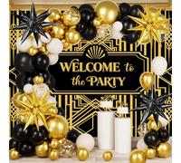 Décoration Années 20 Noir et Or, Kit Gatsby Anniversaire Charleston | Kit 131 Pcs Avec Guirlande Ballons, Fond Photo Rétro Jazz, Cupcake Topper Pour Soirée Gatsby Et Nouvel An