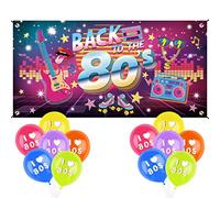 Décoration Années 80 1Pc Bannière 12Pcs Ballon Toile de Fond Back to The 80's I Love 80s Thème Rétro Hip Hop Kit Décoration Murale pour Fête Anniversaire Photographie Intérieur Extérieur180*90cm