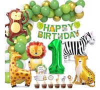 Décoration Anniversaire 1 An Animaux de la Jungle - Ballons Verts et Or, Safari Forêt pour Fille - Décoration Gâteau Incluse
