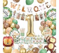 Decoration Anniversaire 1 an, Decoration Anniversaire Garçon Fille, Safari Jungle Thème Party Ornements Avec Ballons, Bannière Animal, Nappes, Platos y Vasos Para Cumpleaños pour 20 Invitése