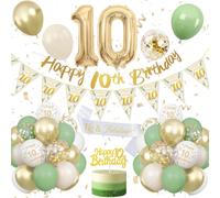 Decoration Anniversaire 10 an Green Gold,Ballon Anniversaire 10 an Fille Garçon,Deco Anniversaire 10 an,Décoration Anniversaire 10 an Latex Ballons Green Gold, Confettis,Bannière Joyeux Anniversaire