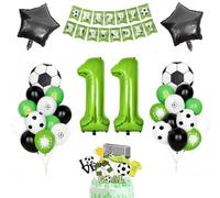 Decoration Anniversaire 11 An Football Garcon, Anniversaire Décoration Hélium Ballons Noir Vert Blanc Foot Ballon Numéro Nombre 11 Enfant Garçon Carte Gâteau Joyeux Anniversaire Bannière Accessoire