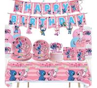 Decoration Anniversaire 139 Pièces Stitch Anniversaire Vaisselle Kit pour Décorations de Fête d'anniversaire Enfants Party Rose