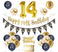 Décoration Anniversaire 14 Ans Garçon, Bleu Or Ballon Anniversaire 14Ans, Ballon 14 Ans Anniversaire Bleu et Or Bannière de Joyeux Anniversaire, Doré Confettis Ballon pour Anniversaire 14 Ans Garçon