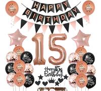 Décoration Anniversaire 15 Ans Fille - Ballons Noir Or Rose, Gâteau Topper