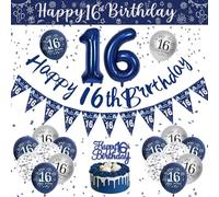 Décoration Anniversaire 16 Ans Garçon, Ballon Anniversaire 16 Ans, Décoration de Fête Anniversaire Ballon Bleu Argenté, Bannière Joyeux Anniversaire, Ballon Confettis pour 16 Ans Garçon Décoration