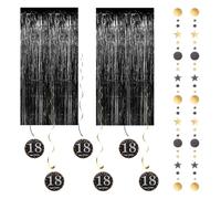 Décoration Anniversaire 18 Ans Kit Complet - 2 Rideaux Métalliques Noir Or 3,2x8,2ft, 2 Guirlandes Étoiles et Points 4m, 6 Suspensions Spirales, 6 Cartes Chiffres - Or Noir pour Fête et Phot