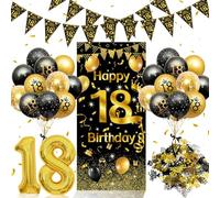 Decoration Anniversaire 18 ans Noir Or pour Garçon & Fille, Ballon 18 ans | Deco 18 ans Bannières Joyeux Anniversaire Decoration Kit Avec Confettis, Guirlande de fanions, Topper gâteau