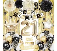 Decoration Anniversaire 21 ans, Ballon 21 ans de Fête en Noir Or, Black and Gold Deco pour 21 Garcon Fille, Bannière Happy Birthday