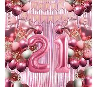 Decoration Anniversaire 21 ans Fille, Rose-blanc Anniversaire Ballon Set avec numéro XXL 21, 40 latex ballons, Happy Birthday Banner etc, Décoration de fête pour 21 ans jeune femme
