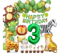Décoration Anniversaire 3 Ans Animaux de la Jungle - Ballons Verts et Or, Safari Forêt pour Fille - Décoration Gâteau Incluse