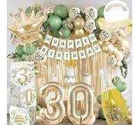 Decoration Anniversaire 30 Ans Femme - Vert et Or, Ballon 30 Ans avec Couronne, Écharpe, Rideau Lametta, Bannière Happy 30th Birthday - Accessoires de Fête pour Femme de 30 Ans, Kit Complet