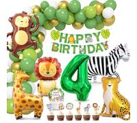Décoration Anniversaire 4 Ans Animaux de la Jungle - Ballons Verts et Or, Déco Gâteau, Safari pour Fille