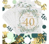 Décoration Anniversaire 40 Ans - 40 Pièces Serviettes en Papier Avec Confettis Eucalyptus - Deco Fete Joyeux Anniversaire pour Femme et Homme