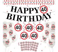 Décoration Anniversaire 40 Ans, 40e Anniversaire Décoratifs avec Guirlande, Ballons, Serpentin, Sticker, Spiral Charms, Happy Birthday Déco 40 Homme Femme, Panneau de Signalisation Fête D'anniversaire