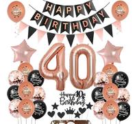 Décoration Anniversaire 40 Ans Femme - Ballons Noir, Or Rose, Gâteau Topper - Kit Complet