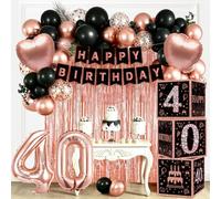 Decoration Anniversaire 40 Ans Femme Or Rose Noir - Kit Complet avec Boîtes à Ballons, Ballon Chiffre 40, Bannière Happy Birthday, Cake Topper, Ballons Latex Confettis pour Fête Anniversaire 40 Ans