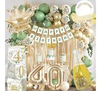Decoration Anniversaire 40 Ans Femme - Vert et Or, Ballon 40 Ans avec Couronne, Écharpe, Rideau Lametta, Bannière Happy 40th Birthday - Accessoires de Fête pour Femme de 40 Ans, Kit Complet