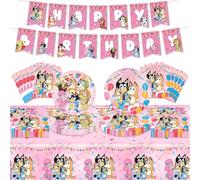 Decoration Anniversaire, 42 Pièces Bluey Kit Anniversaire Gobelet Assiette Anniversaire Rose Decoration Gateau Kit Anniversaire Garçon Fille Set Vaisselle Nappe de Table Tirez le Drapeau