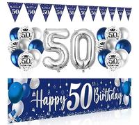 Decoration Anniversaire 50 Ans Bleu Argent, Anniversaire Ballons 50 Ans, Bannière 50, Ballons Bleu Argent, Décoration d'Anniversaire