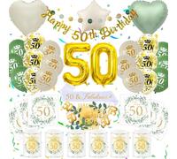Decoration Anniversaire 50 Ans Femme Homme, Decoration Table Happy 50th Birthday Personnalisés Cadeau Echarpe Serviette Bannière Lanterne Confetti Ballon Vert et Or (Kit Deco Anniversaire 50 Ans)